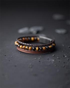 Preview: Dreifaches Armband mit 6 mm Tigerauge-Stein und Nappaleder - Triple Brown